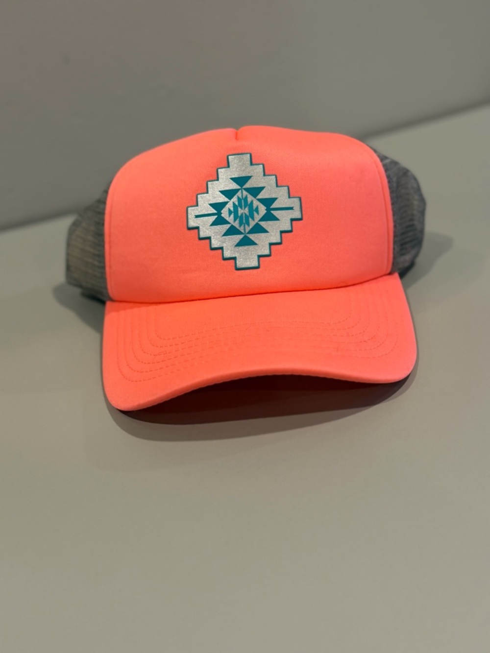 Neon Coral Trucker Hat with Aztec Patch
